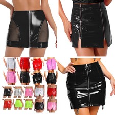 US Womens Glossy PU Bodycon Miniskirt Mesh Front Zipper Wet Look Hip Wrap Skirt