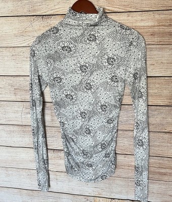 Rebecca Taylor Ruched Knit Turtleneck Top Sz S Forget-Me-Not Fleur Floral White