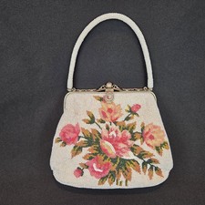 Vintage Floral White Seed Bead Evening Bag Snap Purse Beaded