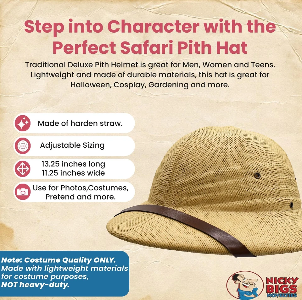 Adult British Pith Helmet Jungle Safari Sun Explorer Halloween Costume Accessory - Image 2 of 4