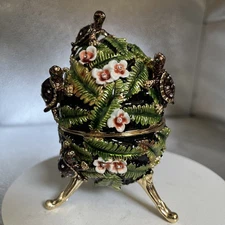 GREEN FABERGE EGG WITH TURTLES MUSIC TRINKET BOX BY KEREN KOPAL, CRYSTALS