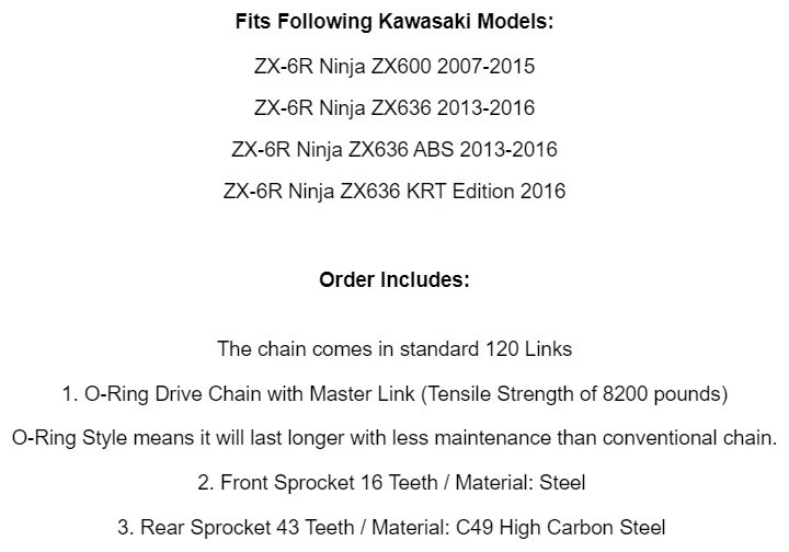 Kit de cadena de transmisión y piñones de junta tórica roja para Kawasaki ZX-6R Ninja ZX600 2007-2016 Foto 2 de 4