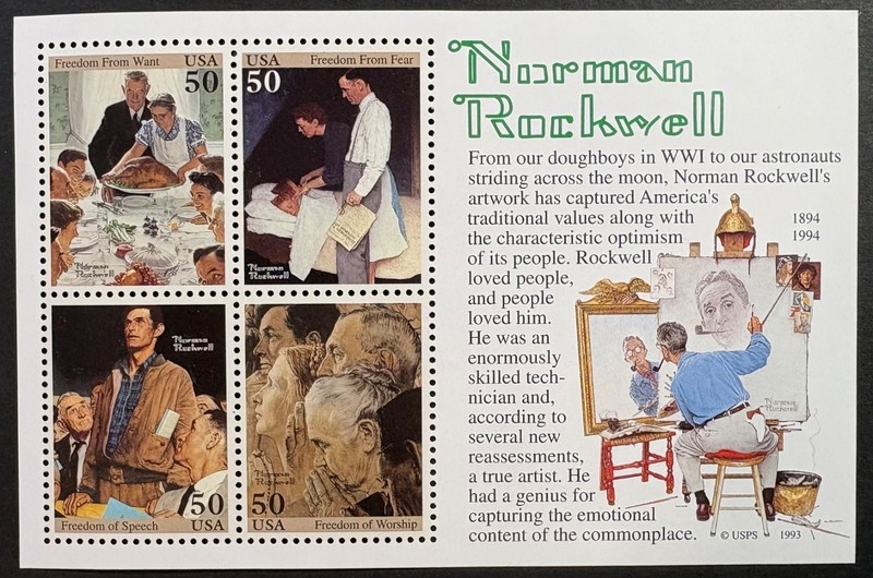 US Norman Rockwell Souvenir Sheet with Four Freedoms, Scott#2840, MNH, F-VF