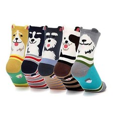 Womens Grils Cute Animal Socks, Dog Cat Socks, Novelty Dog Pattern Sock 5 Pairs