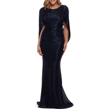 Betsy  Adam Blue Polyester Cape Sleeve Metallic Crinkle Gown Size 4