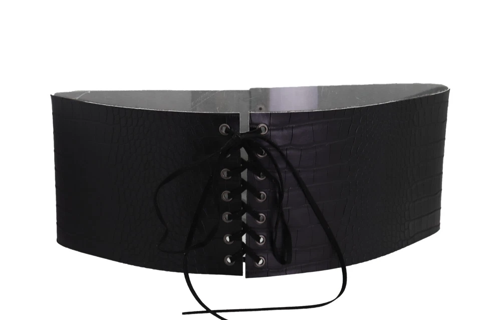 Genial Mujeres Ancho Negro Corbata Frontal Corbata Cinturón Imitación Piel de Cocodrilo Cuero Ajuste M L Foto 3 de 4