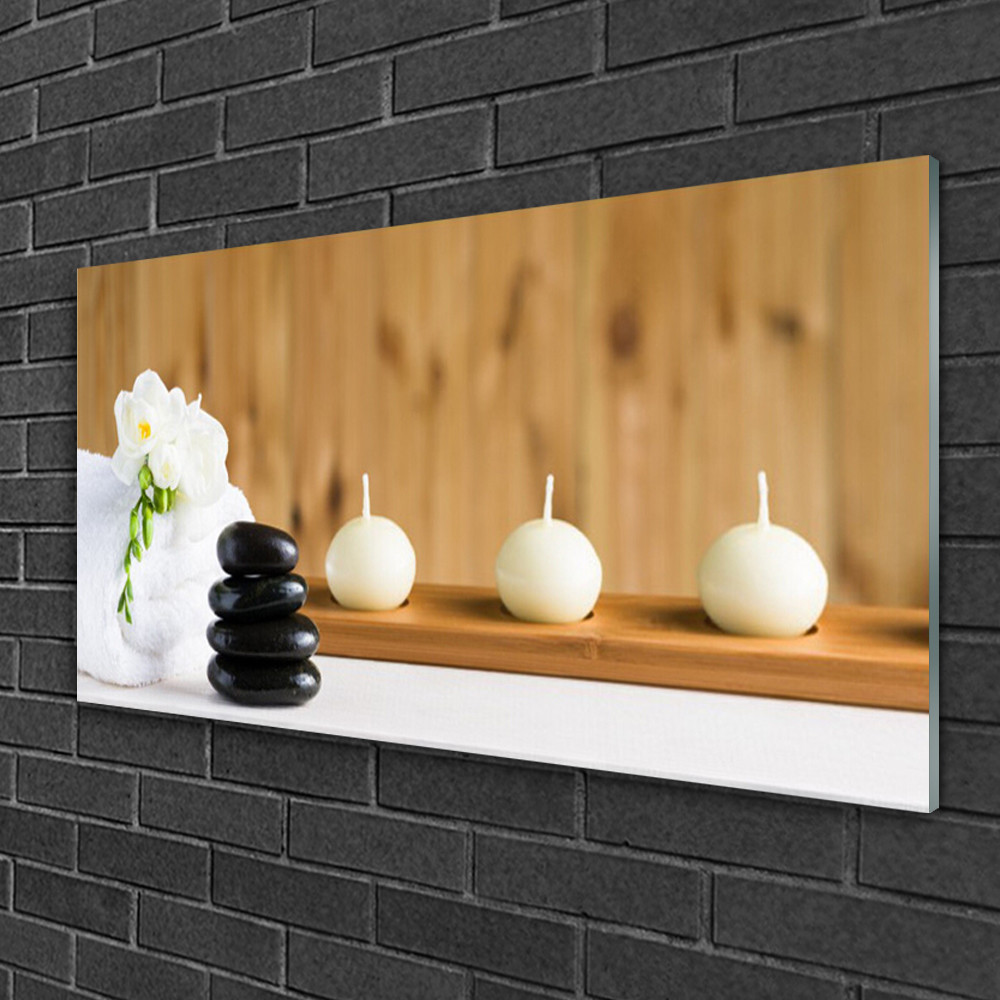 Tableau sur verre 100x50 cm avec impression de fleurs et pierres pour déco zen