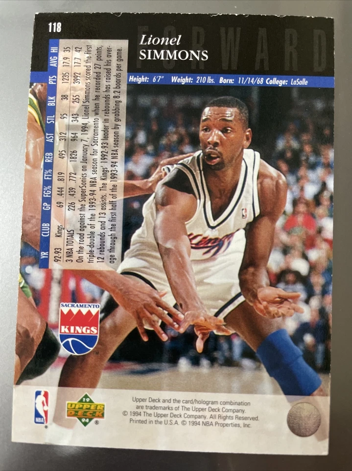 1993-94 Upper Deck SE Electric Court Basketball #118 Lionel Simmons - Image 2 of 2