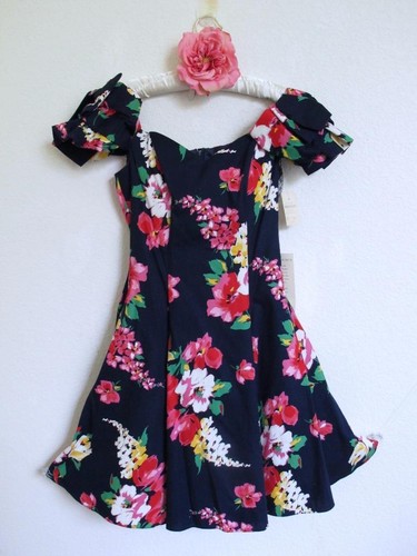 NOS Vtg 80s Roberta Floral Party Dress 2 XS Off Shoulder Bows Flare Full Skirt - Picture 16 of 18
