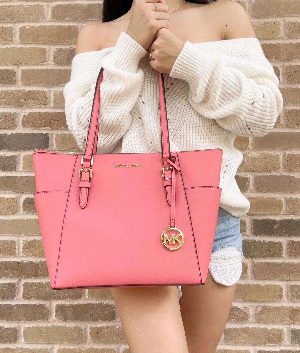 Michael Kors Charlotte Large Saffiano Leather Top-zip Tote Bag in Pink