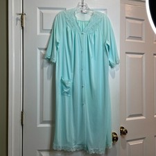 Vintage Shadowline Women's M Nylon Peignoir Robe Aqua Green Lace Pink Rosebud