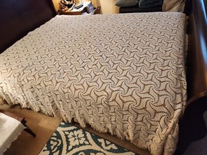 Unique Antique Heirloom Crocheted Bed Coverlet w/ fringe; queen size