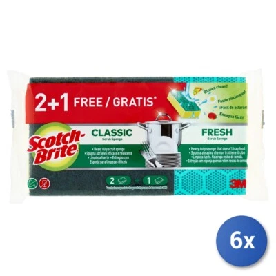 6x Spugna + Fibra Classic+Fresh 2+1 Pezzi Scotch-Brite Made In Italy