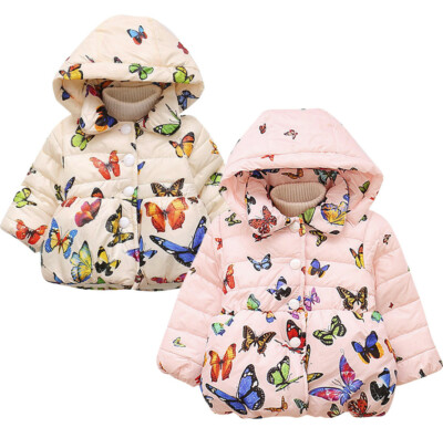 Butterfly Print Girls Winter Down Jackets Thicken Warm Cotton Padded Hooded Coat