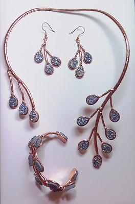 ONE of a KIND Blue Druzy STATEMENT Necklace Earrings & Bracelet Set ROSE GOLD