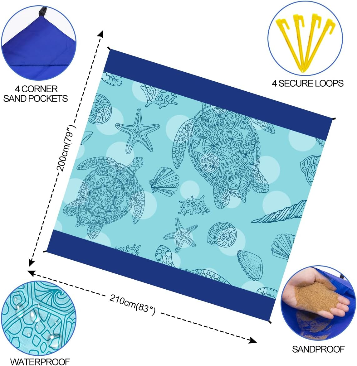 Beach Blanket Waterproof Sandproof Beach Mat Oversized 79" X 83" with 4