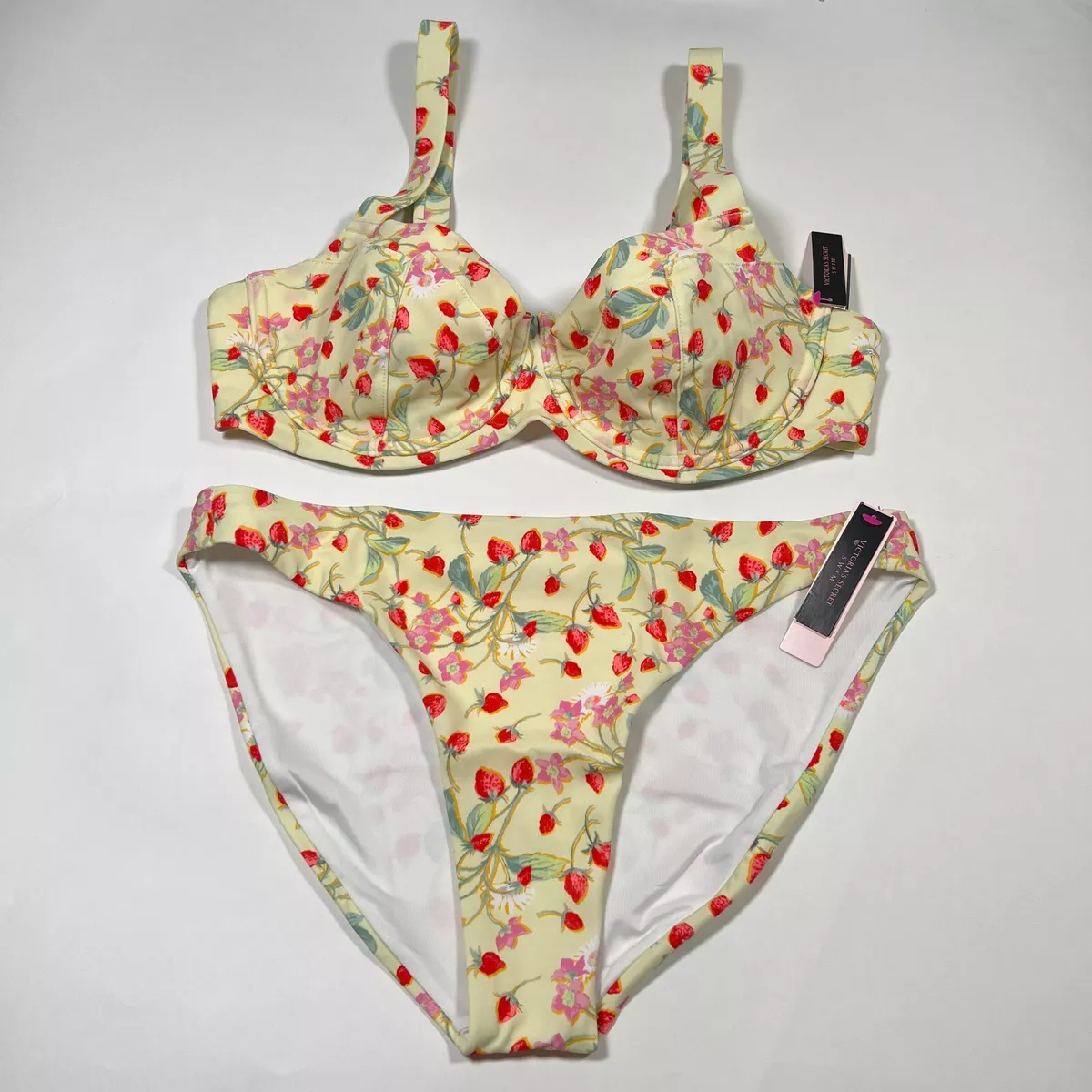 Victoria Secret 38C L Wicked Bikini Top Bottom Set Yellow Strawberry Print  VLV