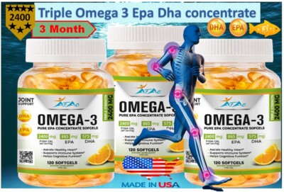 BEST TRIPLE STRENGTH Omega 3 Fish Oil Pills 3 MONTH SUPPLY 2400mg HIGH POTENCY 3