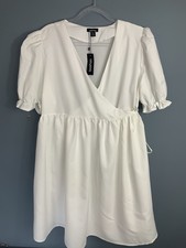 BNWT Boohoo Plus Size White Cotton Poplin Puff Sleeve Wrap Mini Dress - Size 16