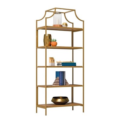 Sauder International Lux 5-Shelf Metal Frame Bookcase Gold Satin/Sindoori Mango