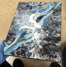 Grey And Teal 11 X 14” abstract painting “the Splash” Signed, One Of A Kind ￼