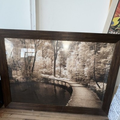 Framed Scenic Landscape Print Wooden Bridge Sepia Tone Brown Beige Paper