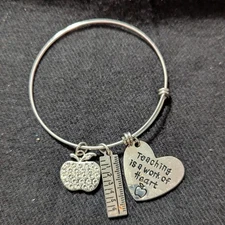 Silver Tone Teaching Is A Work Of Heart Apple Ruler Charm Expandable Bracelet