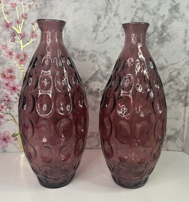 Pair of Vtg Amethyst Vidrios San Miguel? Recycled Glass Thumbprint Vases 11.5 
