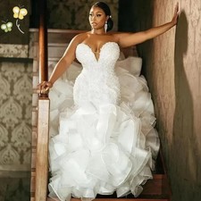 White Mermaid Wedding Dresses for Bride Sleeveless Ruffles Pearls Bridal Gowns