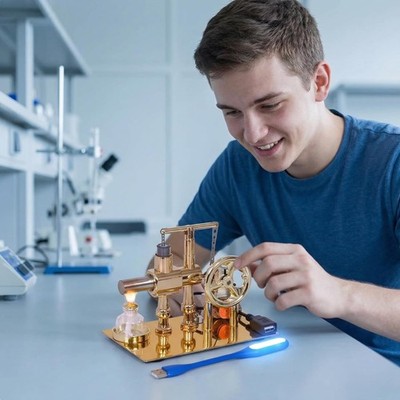 Hot Air Stirling Engine Model - External Combustion Toy with Colorful LED Lights