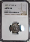 NGC AU-58 BN 1873 Open 3 Indian Head Cent, Highly Lustrous & Barely Circulated!