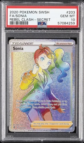 2020 POKEMON SWORD & SHIELD REBEL CLASH SECRET #203 FULL ART/SONIA PSA 10
