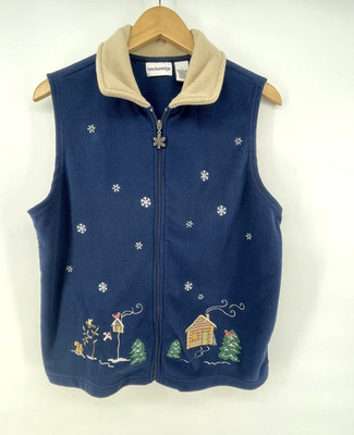 Breckenridge Vest Women L Fleece Winter Cabin Cardinals Snow Blue Retro Lodge