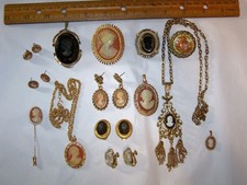 14pc Vintage Jewelry CAMEO Lot Pendants Pins Necklace Earrings Cameo Jewelry lot