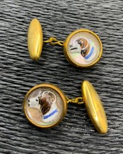 Antique 1920s Hand-painted Dog Cufflinks 2.5cms Gold Tone Essex Crystal Style