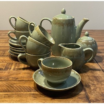 TEA COFFEE POT SET 6 CUPS/SAUCER, CREAMER & SUGAR BOWL. Green with Brown Details
