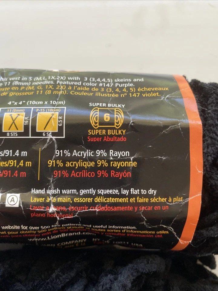 2 Skeins Lion Brand Chenille Thick & Quick Yarn #153 Black #6 10+ oz - Image 3 of 4