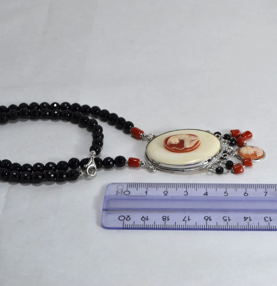 COLLANA ARGENTO 925 CAMMEI GATTO OSSO ONICE E CORALLO ROSSO CILINDRI AGLN 0292 - Immagine 4 di 4