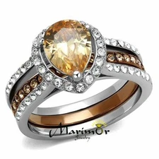 2.08 Ct Pear Cut Champagne Zirconia Two Toned Stainless Steel Wedding Ring Set