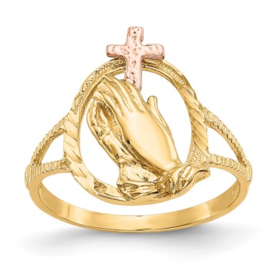 10K Two-tone Gold Praying Hands Cross Ring For Womens Size