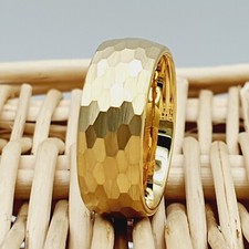Yellow Gold Tungsten Carbide Wedding Band Dome Hammered Engraved Engagement Ring