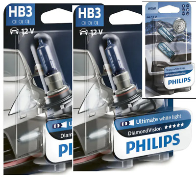 (+W5W Parkers!) HB3 9005 PHILIPS Diamond Vision 5000K White Head Light Bulbs