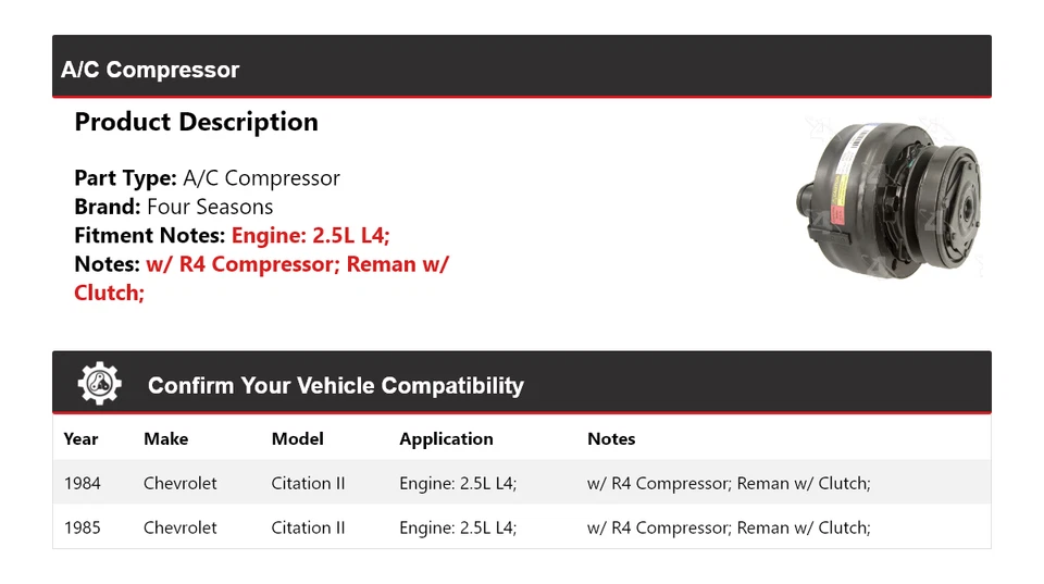 Compressor 4 estações Chevrolet Citation II 2.5L L4 A/C para 1984-1985 - Imagem 2 de 4
