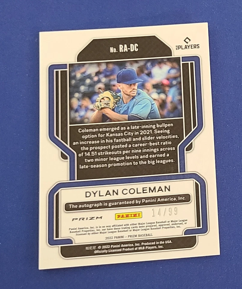 2022 Prizm Dylan Coleman Red Prizm Rookie Autographs RC #14/99 #RA-DC KC Royals - Image 2 of 3