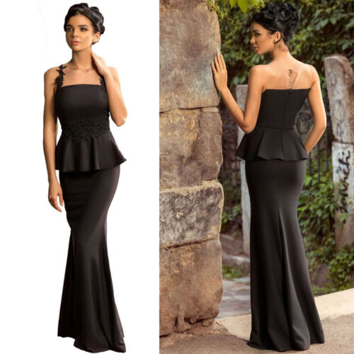 Floral Applique Mesh Insert Long Peplum Formal Prom Party Gown Evening Dress - Picture 1 of 4