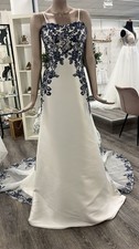 DESIGNER BRAUTKLEID EGLANTINE 36 TÜLL BLAU SPITZE A LINIE ABNEHMBARE SCHLEPPE