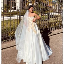 Embroidery Wedding Dress Strapless Satin A-Line Long Bridal Gown Back Lace-Up