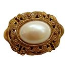 Faux Pearl Brooch Filigree Gold Tone Oval Pin Signed Vintage Miriam Haskell