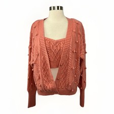 For Love  Lemons Florentina Cardigan Sweater Set Pink Soft Cozy Pom Pom Sz S