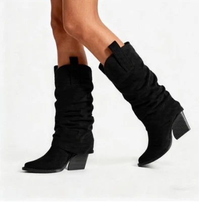 READY SALTED COWBOY BOOT BLACK FAUX SOFT NAPPA SUEDE ON TREND TURN DOWN LEG